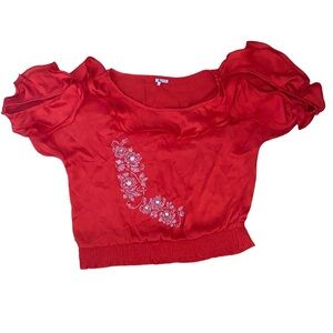 POINT Red Silky Cold Shoulder Romantic Embellished Blouse Size M